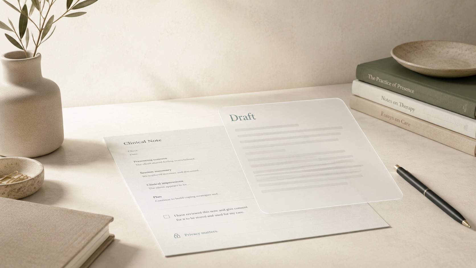 A printed clinical note marked Draft on a calm desk beside a plant, books, and a pen.