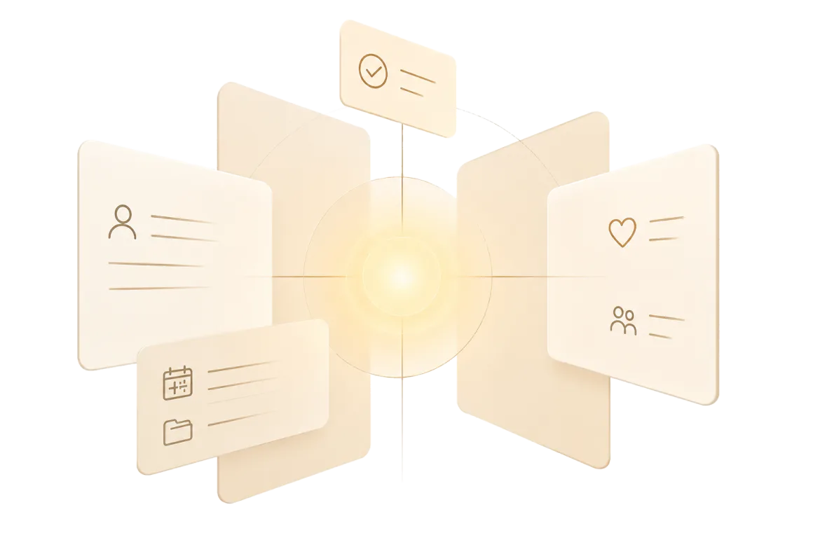 Patient records, scheduling, billing and care notes arranged in a calm radial structure around a warm central glow