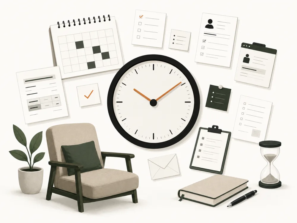 The minutes that add up: a clock surrounded by checklists, calendar, intake forms, and an hourglass beside an empty therapy chair, time slipping from the day