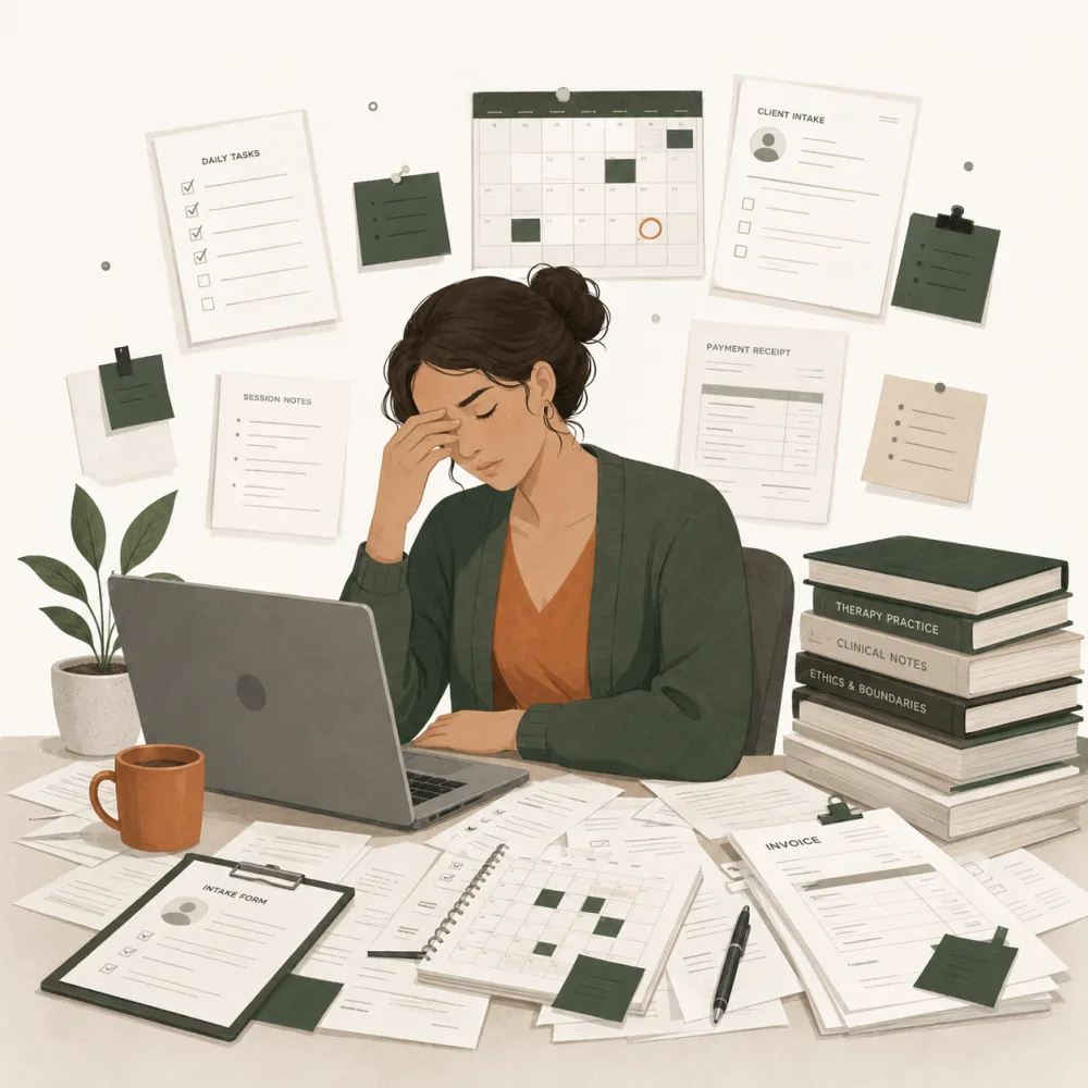 A therapist at her desk, surrounded by the day's paperwork: checklists, calendar, intake forms, invoices