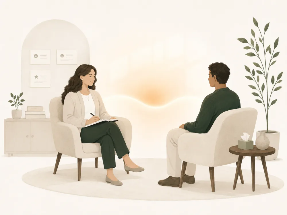 A calm therapy session: therapist and client seated across from each other in a warm, light-filled room